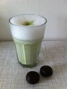 home-made almond milk with matcha and chia energy balls